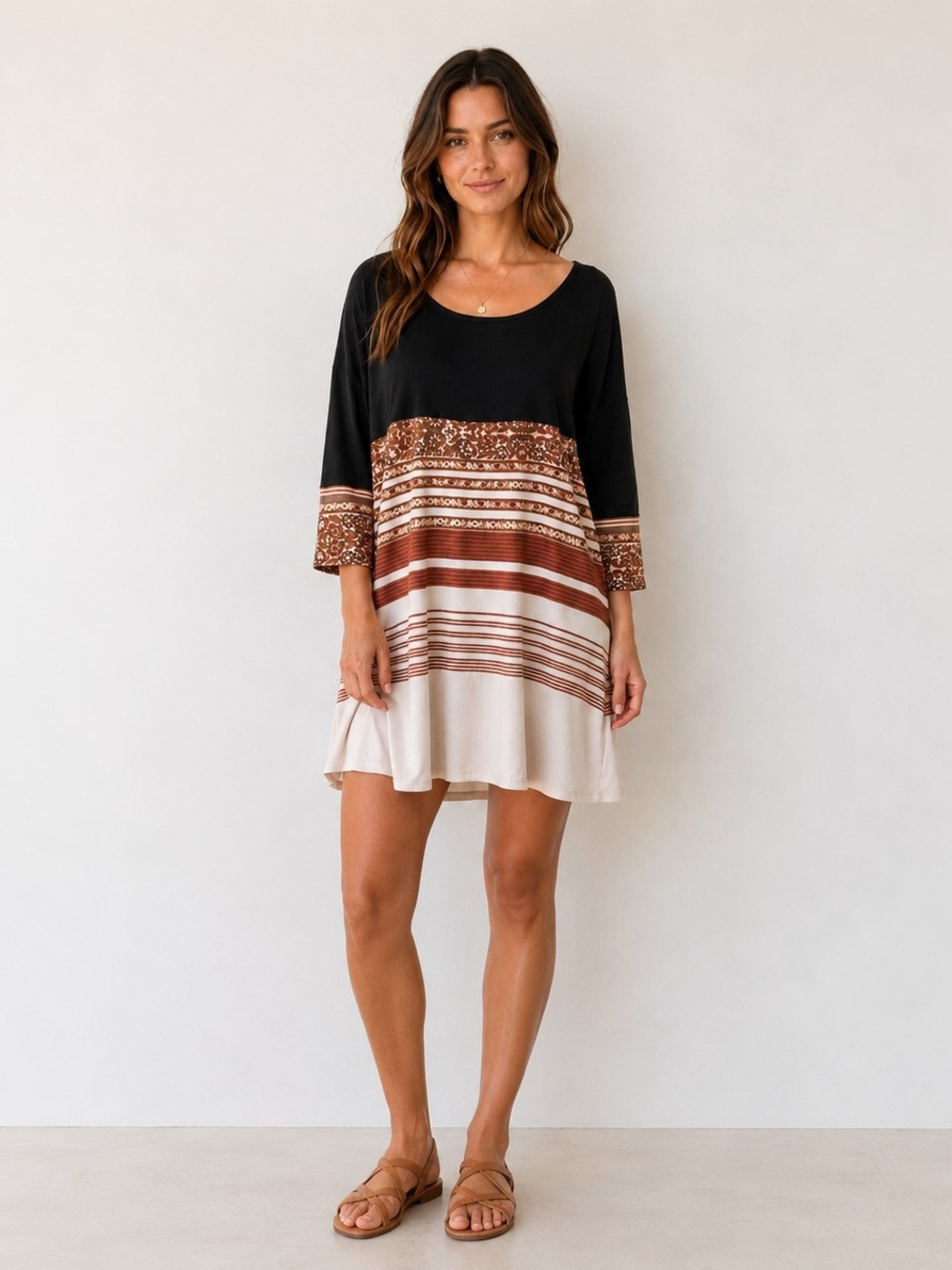 Free People Black, Brown and Cream Striped Scoop-Neck Mini Dress